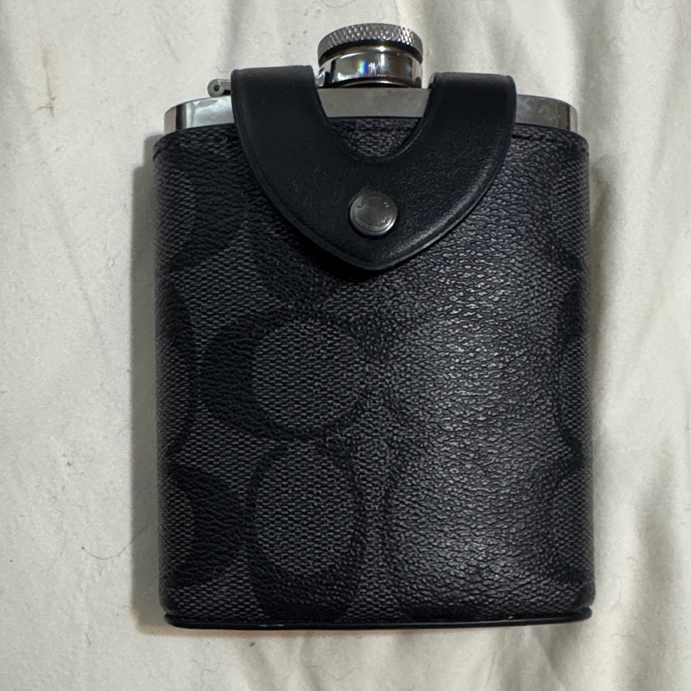 Coach Black Signature Leather-Covered Hip Flask